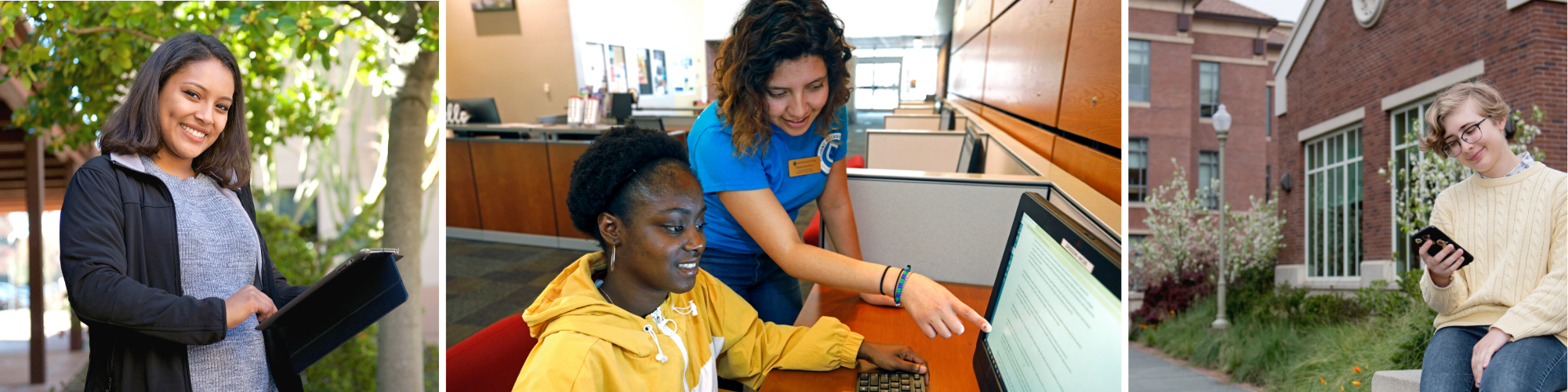 female student holding an ipad, first year peer coach helping a student on a computer, female student on cellphone outside of Bertolini